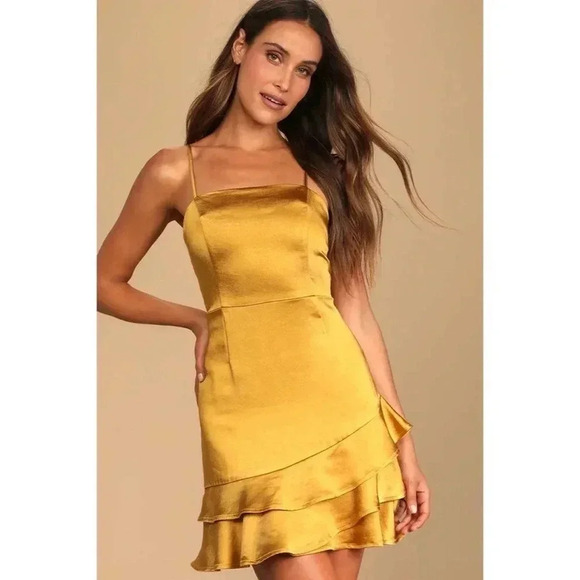 651 Lulus Dreams Come True Satin Ruffle Cocktail Mini Dress - Picture 1 of 7
